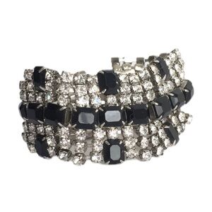 Vintage Rhinestone Bracelet‎ Black & Clear Stones Festive Holiday Cocktail Party